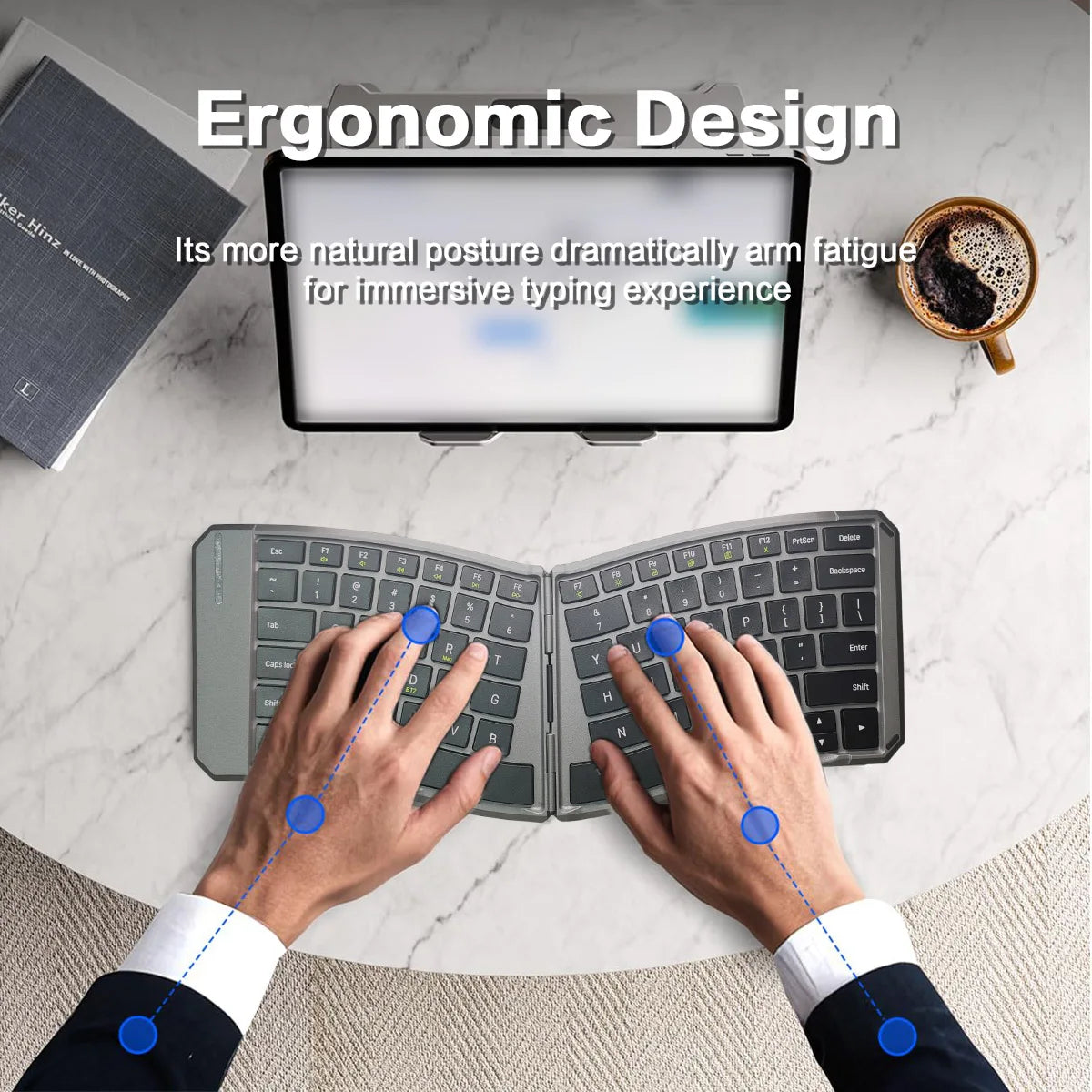 Ergonomic Foldable Bluetooth Keyboard,Split Compact Portable Keyboard for Business Travel,Folding Rechargeable Wireless Keyboard
