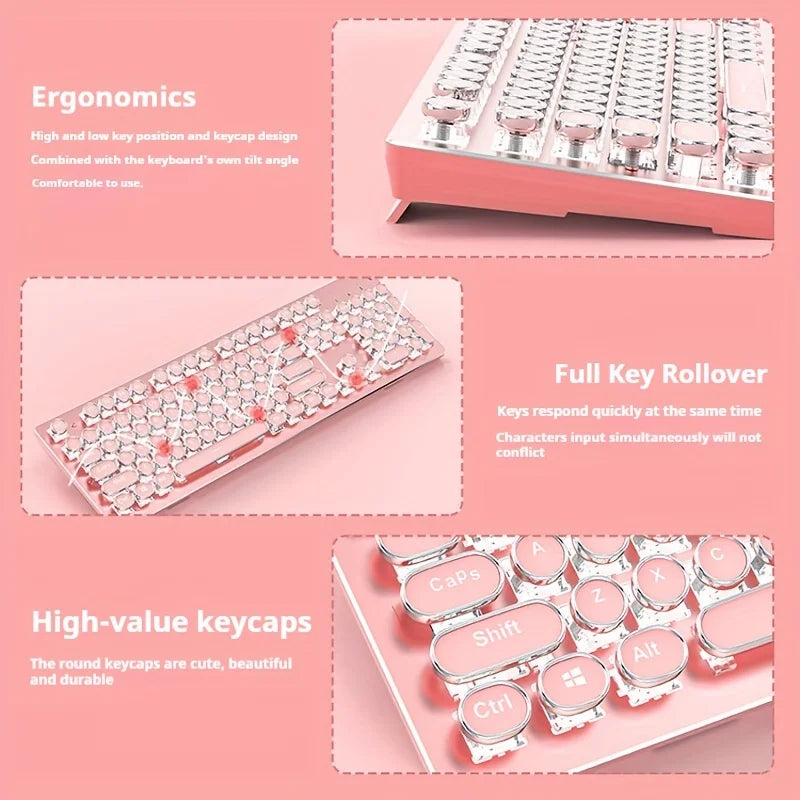 EWEADN Punk Typewriter Mechanical Gaming pink Keyboard, 104 Keys Full-Size Numeric Keypad, White Backlit, for Windows Laptop PC